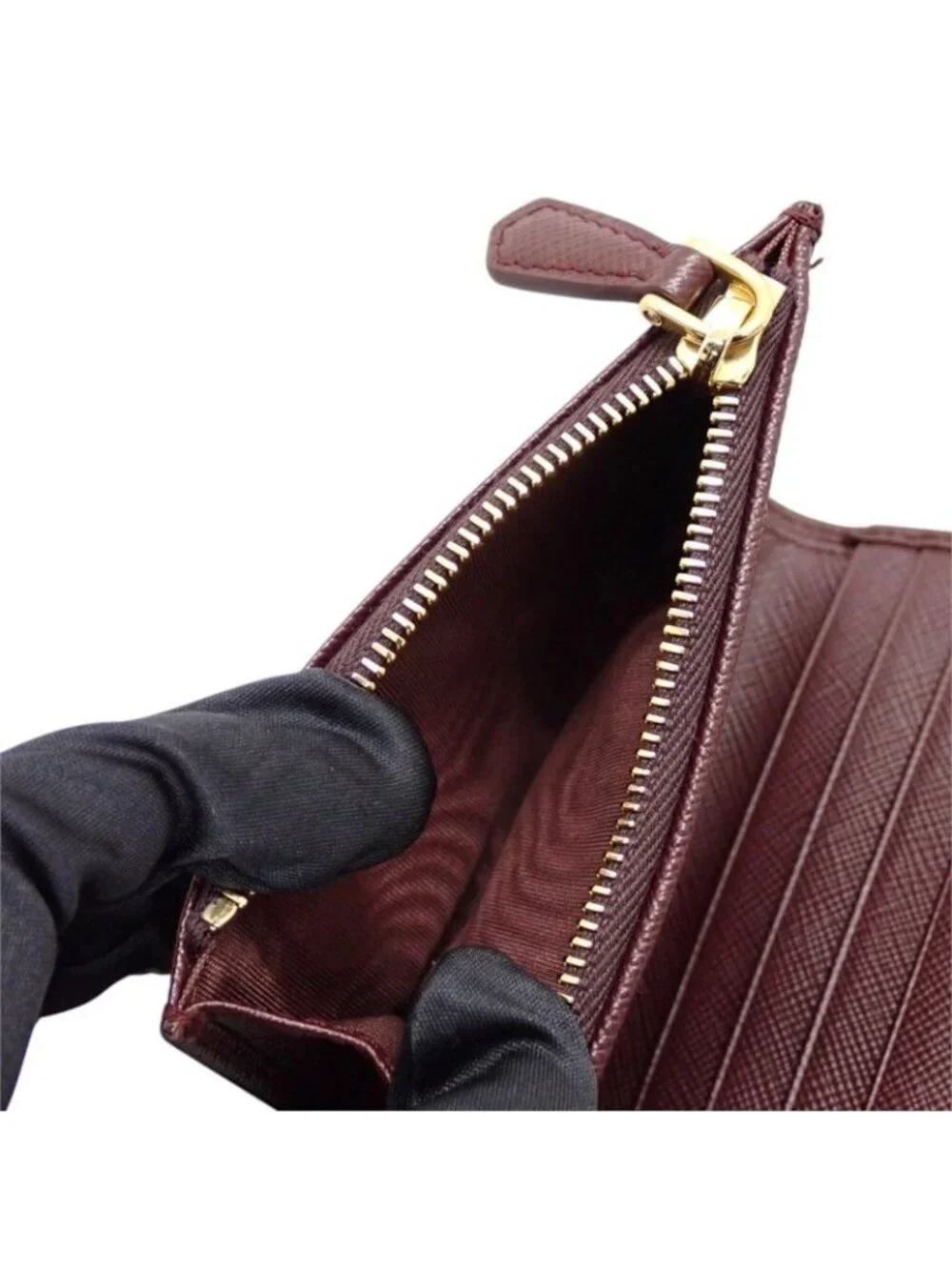 Prada Saffiano Triangle Bifold Wallet Bordeaux Burgundy Gold Genus